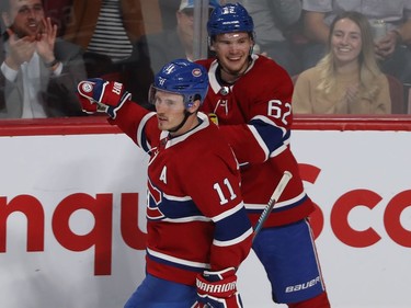 Montreal Canadiens  Brendan Gallagher (11) celebrates his goal with teammate Artturi Lehkonen (62) during second period NHL exhibition game against the Florida Panthers in Montreal on Thursday September 19, 2019.