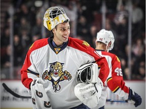 Florida Panthers goalie Roberto Luongo smiles during break in action of NHL game against the Canadiens at the Bell Centre in Montreal on April 5, 2016.