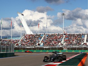 SOCHI, RUSSIA - SEPTEMBER 29: Lewis Hamilton of Great Britain driving the (44) Mercedes AMG Petronas F1 Team Mercedes W10 leads Valtteri Bottas driving the (77) Mercedes AMG Petronas F1 Team Mercedes W10 and Charles Leclerc of Monaco driving the (16) Scuderia Ferrari SF90 on track during the F1 Grand Prix of Russia at Sochi Autodrom on September 29, 2019 in Sochi, Russia.