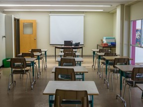 MONTREAL, QUE.: DECEMBER 8, 2015 -- An empty classroom at the Commission scolaire de Montreal (CSDM) headquarters to be used to give assessment tests to the children of Syrian refugee families in Montreal on Tuesday, December 8, 2015. Hundreds of Syrian refugees are set to arrive in Montreal in the coming weeks and CSDM is preparing to begin placing their children into the school system.