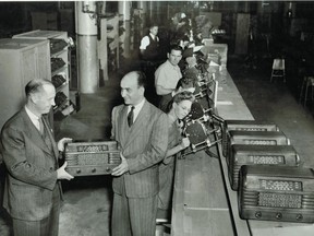 On Sept. 21, 1945, little more than four months after the war ended in Europe and about a month after it ended in Japan, we published this photo showing the first civilian radio to come off RCA Victor's Montreal production line since the industry had reconverted to peacetime manufacturing. In wartime, it had made radios for military use, including in airplanes.