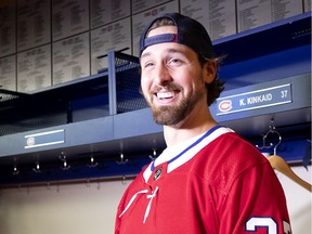 Montreal Canadiens backup goalie Keith Kinkaid speaks to the media in Montreal, on Monday, July 15, 2019.