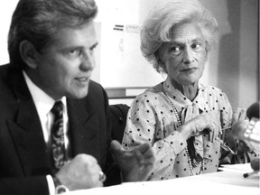 Gretta Chambers (right) with Education Minister Michel Pagé, on Sept. 5, 1991 in Montreal: She was to lead a 23-member task force on the future of English education in Quebec.