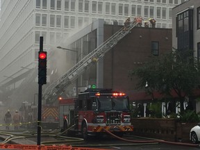 More than 100 firefighters responded to the blaze on Bishop St. at de Maisonneuve Blvd.