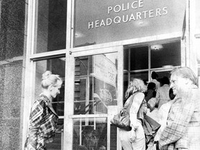 Police wives invade headquarters to demand more time with their husbands, on Sept. 8, 1975. This photo was published in the Montreal Gazette the following day.
