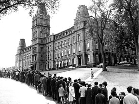 People line up in front of Quebec legislature to pay their respects to Premier Daniel Johnson Sr. on Sept. 29, 1968. This photo was published the following day.