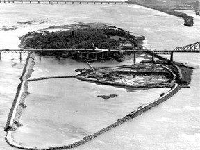 Ile-Ste-Helene, or St. Helen's Island, in the St. Lawrence River, was enlarged in order to serve as part of the site for Montreal's Expo 67. This photo of the work underway was published in the Montreal Gazette On Oct. 2, 1963.