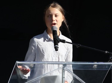 Greta Thunberg speaks to climate crisis protesters at the end of the march through Montreal on Friday, Sept. 27, 2019.