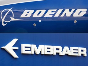 This combination of file pictures shows the Boeing logo on the fuselage of a Boeing 787-10 Dreamliner test plane and the logo of Brazil's aircraft manufacturer Embraer.