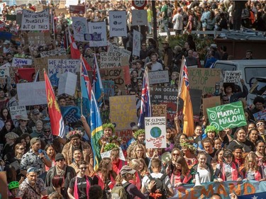WELLINGTON, NEW ZEALAND: More than 40,000 protesters leave Civic Square as they march to Parliament during a climate strike protest march Sept. 27, 2019.