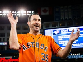 Houston Astros starting pitcher Justin Verlander  celebrates after throwing a no hitter against the Blue Jays at the Rogers Centre in Toronto on Sunday, Sept. 1, 2019.