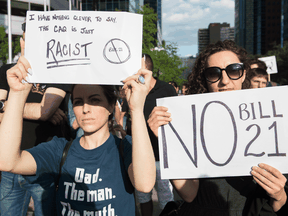 Protesters rally against the Quebec government's Bill 21 in Montreal, June 17, 2019.
