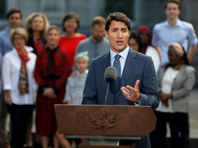Prime Minister Justin Trudeau speaks during a news conference at Rideau Hall after asking Governor General Julie Payette to dissolve Parliament, and mark the start of the federal election on Wednesday,, Sept. 11, 2019.