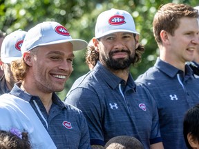 The Montreal Canadiens held their annual charity golf tournament at Laval-sur-le-Lac Golf Club on Monday, September 9, 2019. Canadiens Max Domi is all smiles during the photo-op prior to the start of the charity tournament.