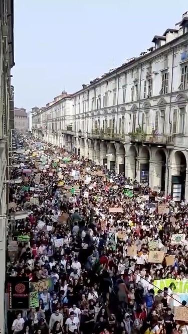 TURIN, ITALY: Demonstrators pack a street as they march during the Global Climate Strike organized by the Fridays for Future movement in Turin, Italy Sept. 27, 2019.