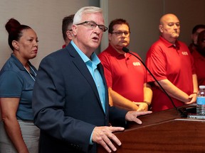 United Auto Workers vice-president Terry Dittes addresses the media while announcing a general strike against General Motors in Detroit on Sunday, Sept. 15, 2019.