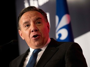 This file photo shows François Legault, CAQ leader, during a conference at Plaza-Centreville in Montreal on Sept. 28, 2018.