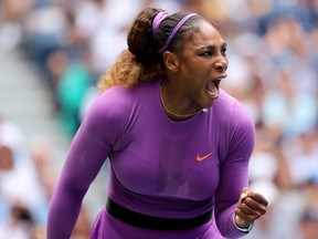 Serena Williams celebrates a point during her Women's Singles fourth round match against Petra Martic of Croatia on Day 7 of the 2019 U.S. Open at the USTA Billie Jean King National Tennis Center on Sunday, Sept. 1, 2019, in Queens borough of New York City.