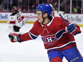 Canadiens forward Jake Evans celebrates after scoring game-winning goal short-handed in 4-2 win over the New Jersey Devils in NHL pre-season action at the Bell Centre in Montreal.