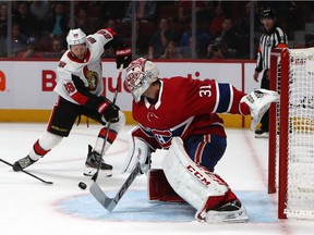 Canadiens goalie Carey Price makes a save against Ottawa Senators' Connor Brown during NHL pre-season game at the Bell Centre in Montreal on Sept. 28, 2019.