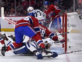 Toronto Maple Leafs forward Darren Archibald (49) scores a goal against Montreal Canadiens goalie Charlie Lindgren (39) during the second period at the Bell Centre.