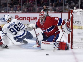 Canadiens goalie Charlie Lindgren makes save on Toronto Maple Leafs forward Egor Korshkov during second period of NHL pre-season game at the Bell Centre in Montreal on Sept. 23, 2019.
