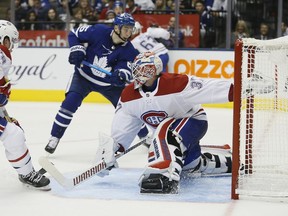 Canadiens goaltender Keith Kinkaid makes a save against Leafs' Ilya Mikheyev during the second period at Scotiabank Arena on Wednesday night.