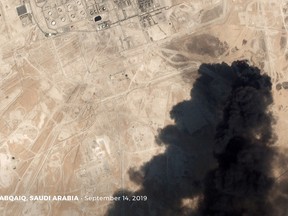 A satellite image shows an apparent drone strike on an Aramco oil facility in Abqaiq, Saudi Arabia Saturday.
