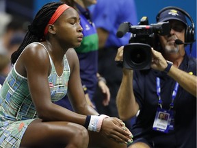 Coco Gauff of the United States sits in her player's chair during a changeover against Naomi Osaka of Japan (not pictured) in the third round on Day 6 of the 2019 U.S. Open tennis tournament at USTA Billie Jean King National Tennis Center.