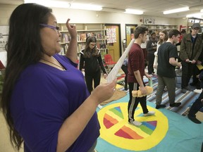 Nina Segalowitz (left) introduced the Blanket Exercise to students at Lindsay Place High School in April, 2017. The Pointe-Claire school was marking Aboriginal Day.