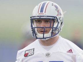 Long-snapper Martin Bedard takes part in the Montreal Alouettes' training camp at Bishop's University in Lennoxville on May 29, 2016.