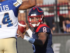 Montreal Alouettes quarterback Vernon Adams Jr. looks for receiver during first half against the Winnipeg Blue Bombers in Montreal on Sept. 21, 2019.