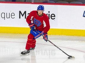 Forward Ryan Poehling takes part in Laval Rocket practice at Place Bell in Laval on Oct. 2, 2019.