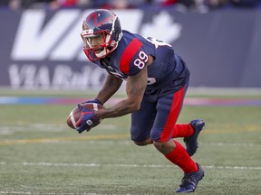 Montreal Alouettes kick-returner Mario Alford fields the ball during game against the Calgary Stampeders in Montreal on Oct. 5, 2019.