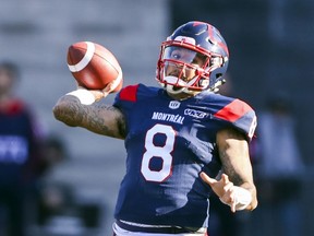 Montreal Alouettes quarterback Vernon Adams Jr. throws a pass against the Calgary Stampeders in Montreal on Oct. 5, 2019.