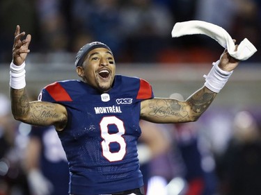 Alouettes quarterback Vernon Adams Jr. celebrates his team's victory over the Calgary Stampeders in Montreal on Saturday, Oct. 5, 2019.