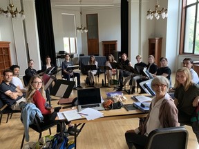 The cast of the Persephone Theatre production of Blue Stockings at the first reading of the play. Director Gabrielle Soskin, front right, leads the reading.