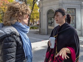 Sheila Woodhouse, executive director of the Nazareth Community shelter, left, and Nakuset, executive director of the Native Women's Shelter of Montreal, helped secure funding for a new homeless centre near Cabot Square that is expected to serve a mostly Indigenous clientèle.