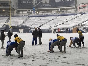 Winnipeg Blue Bombers players prepare for Saturday's game against the Montreal Alouettes on Friday, Oct. 11, 2019.