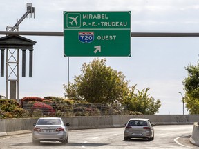 Vehicles use the reopened Fort St. entrance to the westbound Ville Marie Expressway in Montreal on Monday Oct. 14, 2019.  The entrance has been closed for nearly two years for construction related to the Turcot reconstruction.