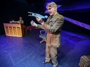 Bruce Dinsmore, accompanied by pianist Nick Carpenter, rehearses a scene from his one-man show Billy Bishop Goes to War at the Hudson Village Theatre in Hudson, west of Montreal, on Oct. 14, 2019.