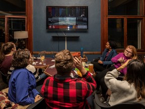 McGill students are seen at an election-viewing party on the university campus on Monday, Oct. 21, 2019.