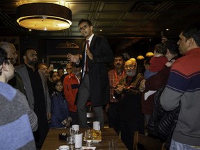 Liberal Sameer Zuberi, MP elect for Pierrefonds-Dollard, speaks to his supporters at his victory party in Dollard-des-Ormeaux, on Monday, Oct. 21, 2019.