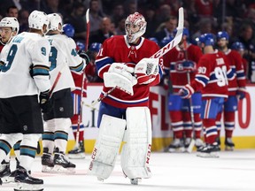 Canadiens goalie Carey Price skates back to his net following a TV timeout during second period of NHL game against the San Jose Sharks at the Bell Centre in Montreal on Oct. 24, 2019.