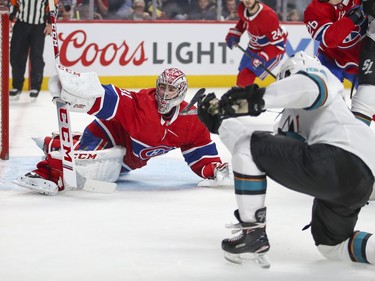 San Jose Sharks Kevin Labanc shoots the puck past Montreal Canadiens Carey Price for a goal during second period of National Hockey League game in Montreal Thursday October 24, 2019.