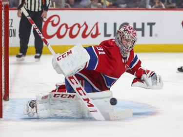 Montreal Canadiens Carey Price can't get across the crease in time to stop shot by San Jose Sharks Kevin Labanc  during second period of National Hockey League game in Montreal Thursday October 24, 2019.