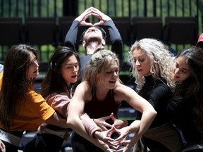 Cast members including Jessica Gallant, centre, as Aphrodite rehearse Mythic at the Segal Centre. Gods are modelled after pop stars in the musical: "Zeus is sort of a Billy Joel/Elton John figure, Aphrodite is a Beyoncé or a Taylor Swift, and so on," says co-creator Oran Eldor.