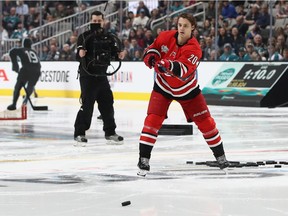 Hurricanes' Sebastian Aho takes part in the passing drills during last season's all-star skills competition. Aho has $42.27 million reasons to thank the Canadiens.