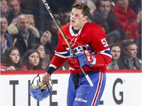Canadiens Noah Juulsen heads to the bench after taking a puck to the face during first period of National Hockey League game against the Washington Capitals in Montreal Monday November 19, 2018.