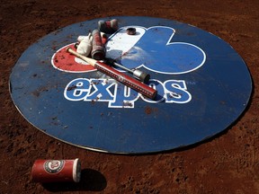 A detail view of the Washington Nationals on-deck circle with the Montreal Expos logo in the third inning during a game between the Kansas City Royals and Nationals at Nationals Park on July 6, 2019 in Washington DC. The Nationals were paying tribute to the Expos by wearing retro jerseys.